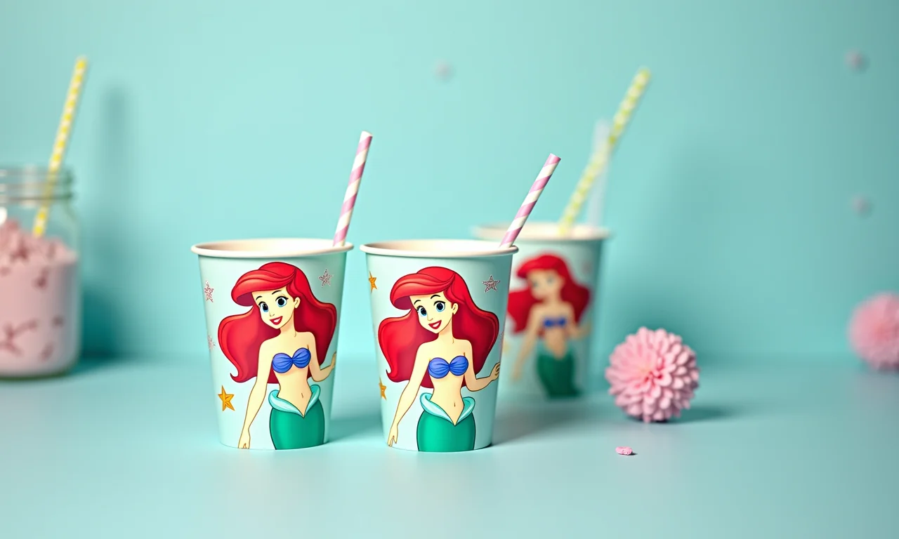 Copos temáticos com estampa da Ariel e design claro.