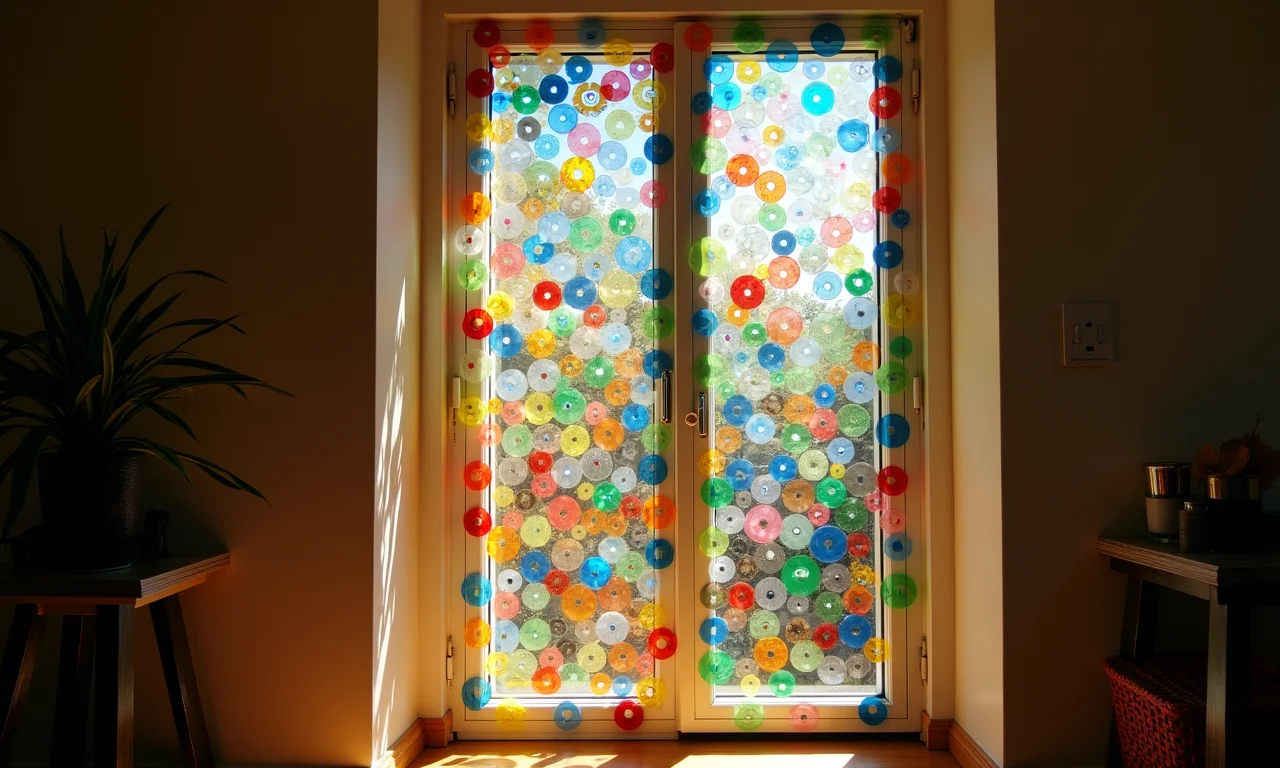 Cortina charmosa feita com CDs reciclados em porta.