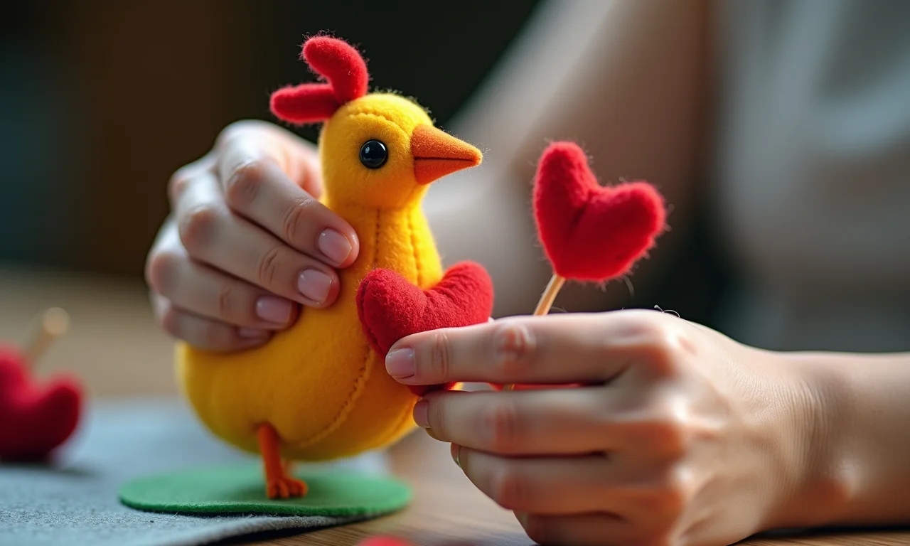 Costurando feltro à mão para criar a Galinha Pintadinha.