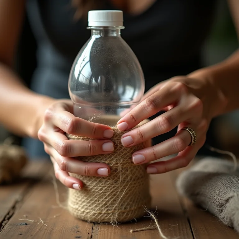 Costurando o revestimento do puff de garrafa PET.