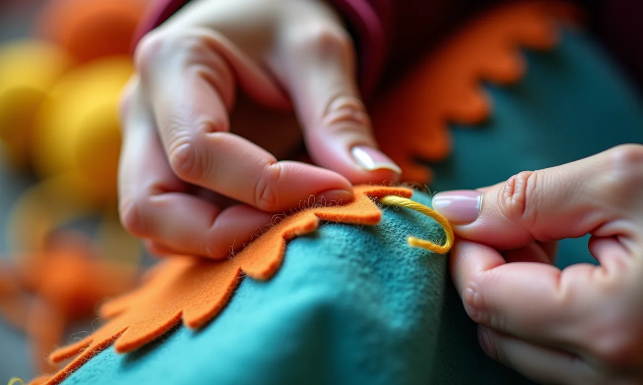 Costurando peças de feltro.