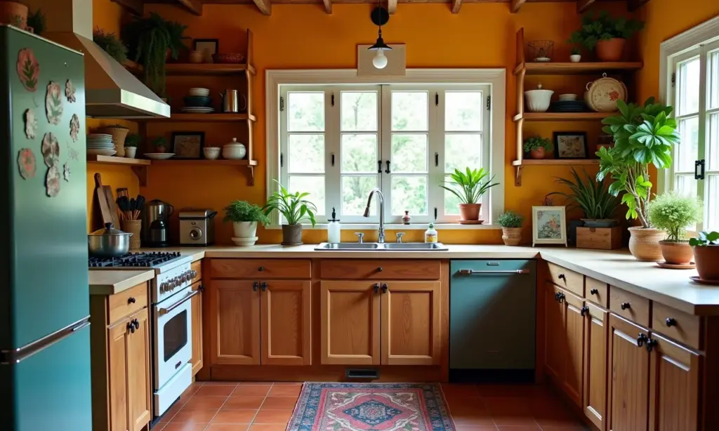 Cozinha brasileira charmosa com caixotes de feira reciclados como solução de armazenamento.