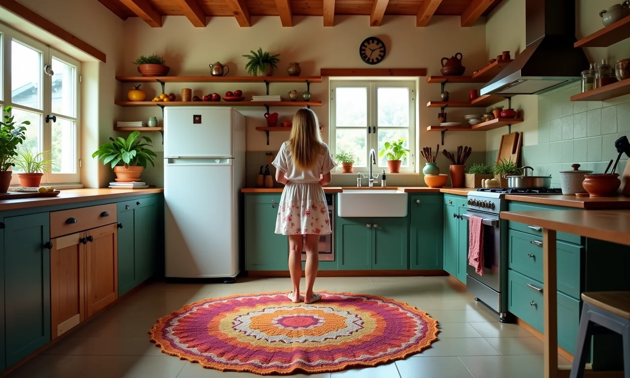 Cozinha com um tapete de crochê, cerâmica brasileira e iluminação clara.