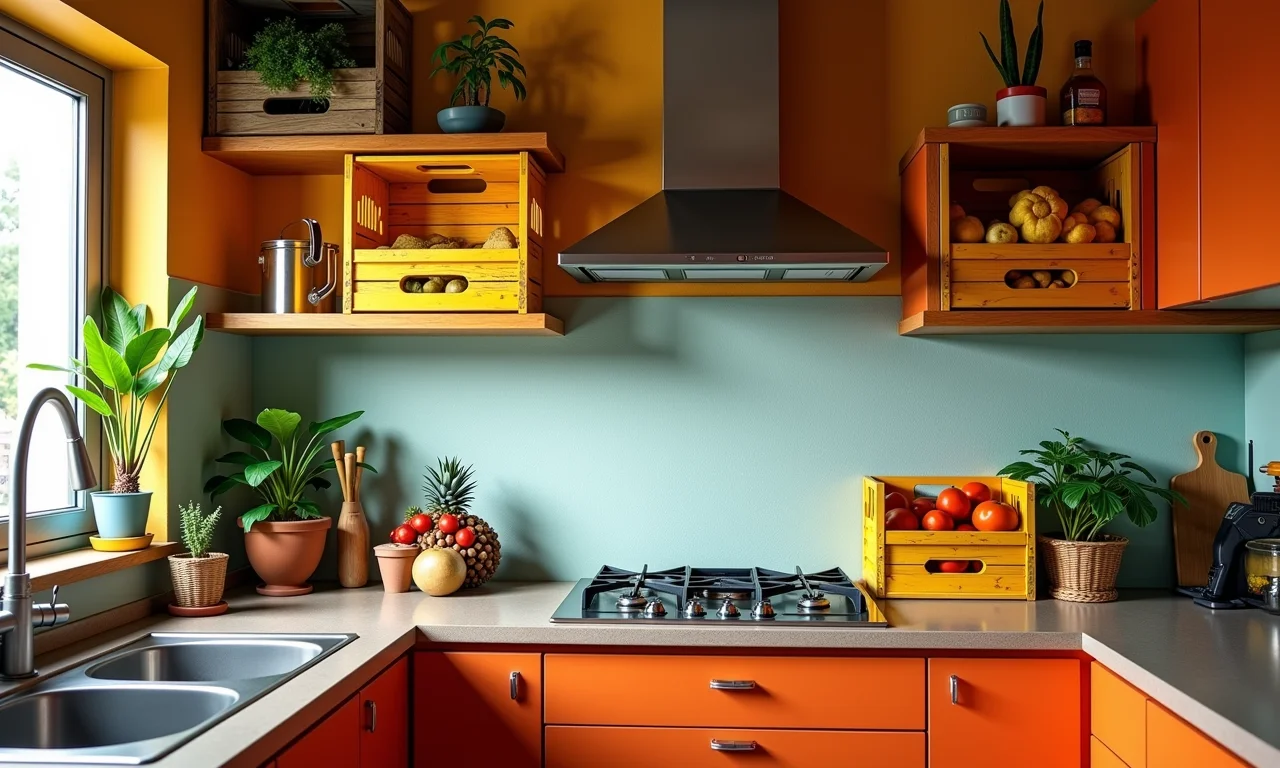 Cozinha criativa com caixotes de feira usados como prateleiras.