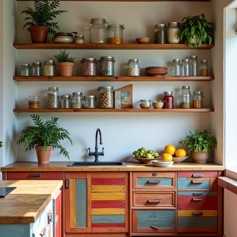Cozinha criativa decorada com potes de vidro e estante de escada reciclada.