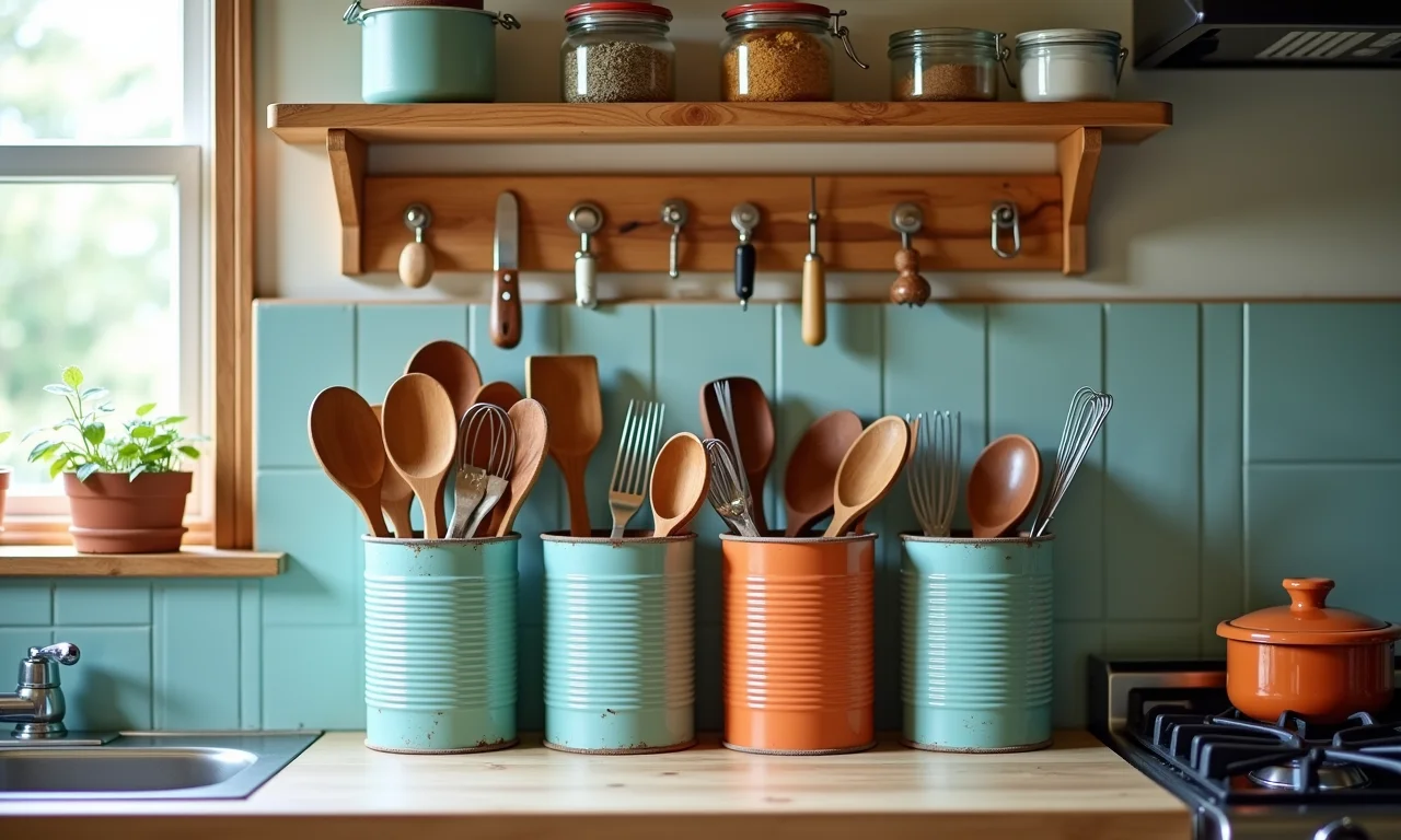Cozinha criativa e organizada com artesanato de lata.