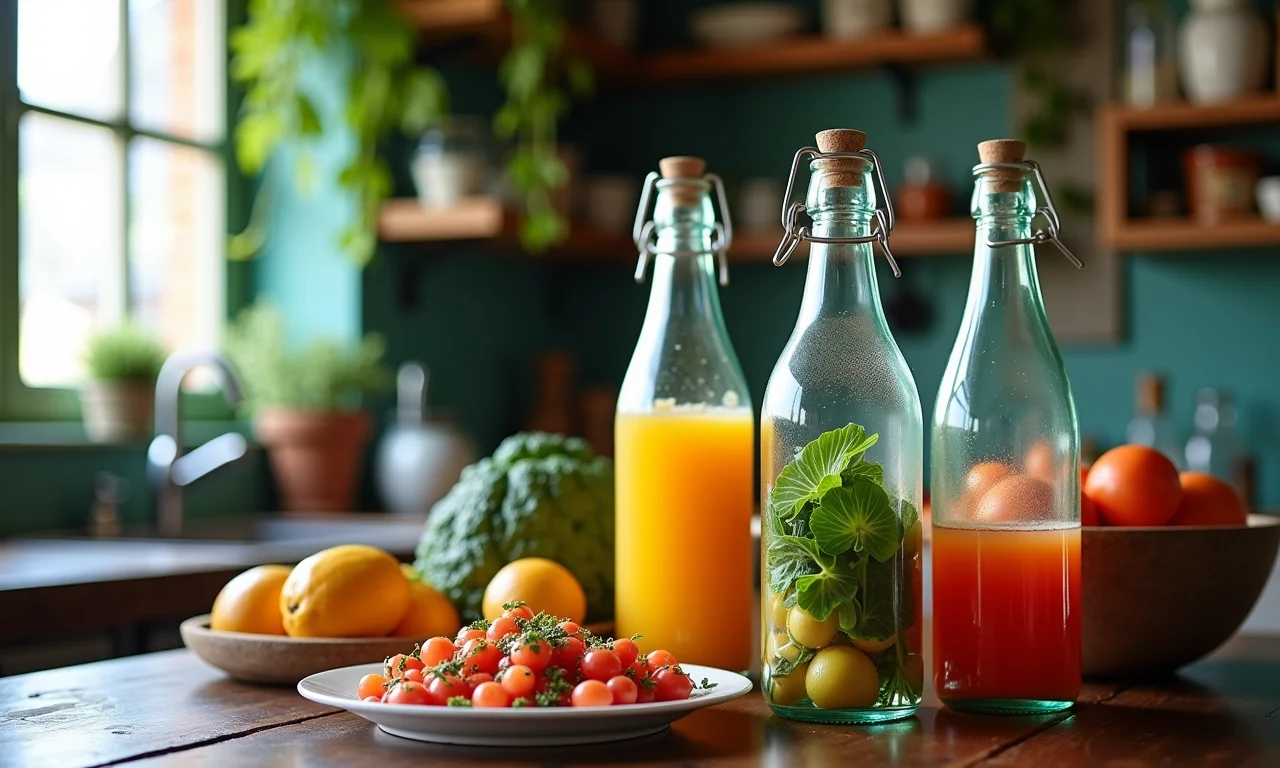 Cozinha estilosa com garrafas como recipientes.