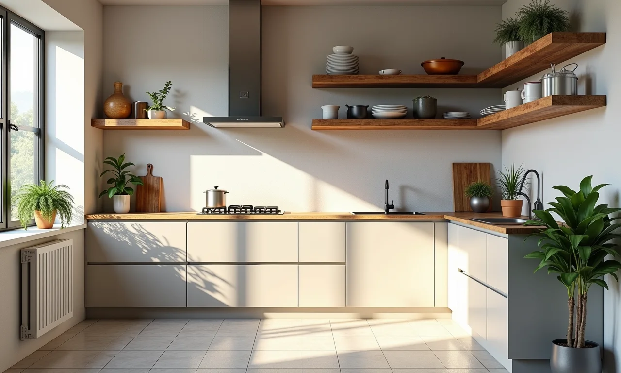 Cozinha iluminada com prateleiras de pallet, azulejos brasileiros e luz natural.