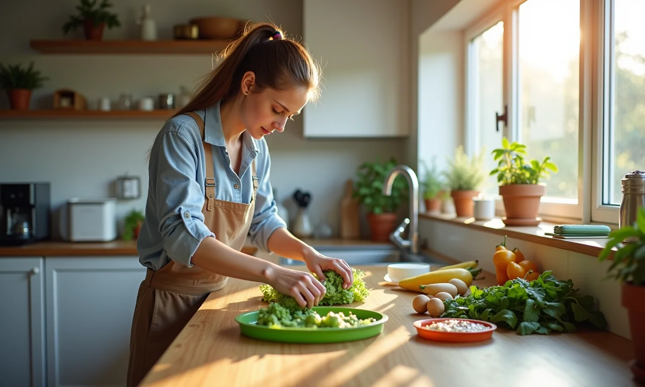 Cozinha organizada com lixeiras de reciclagem.
