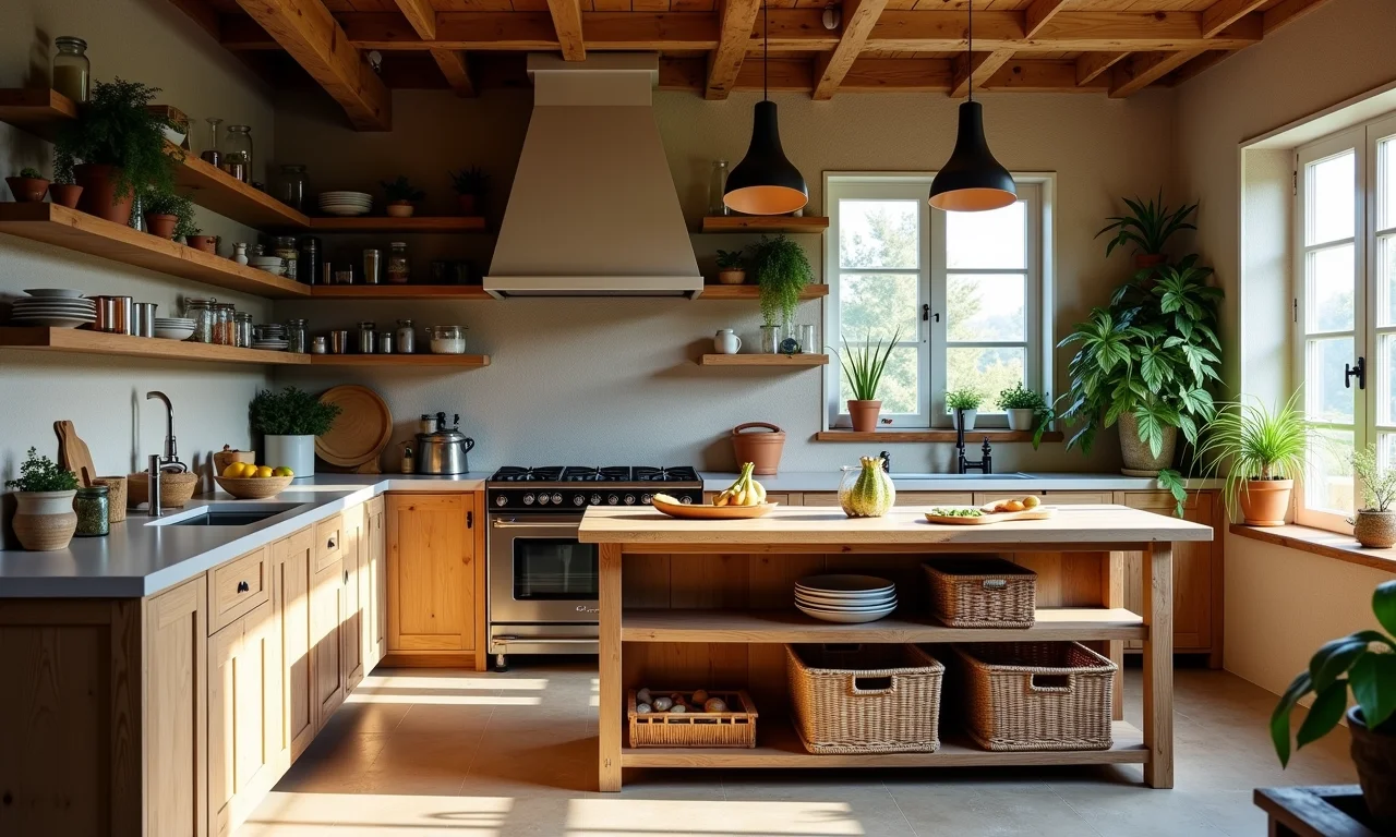 Cozinha rústica com caixotes de madeira reciclados.