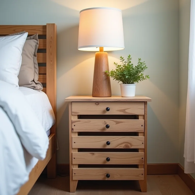 Criado-mudo feito de caixote de madeira pintado com abajur