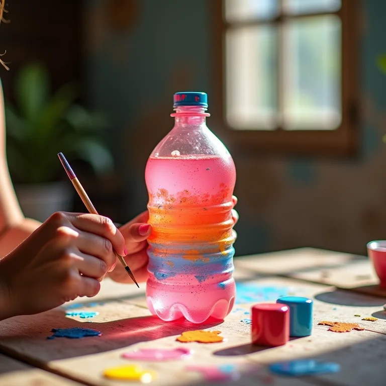 Criança pintando garrafa PET para artesanato