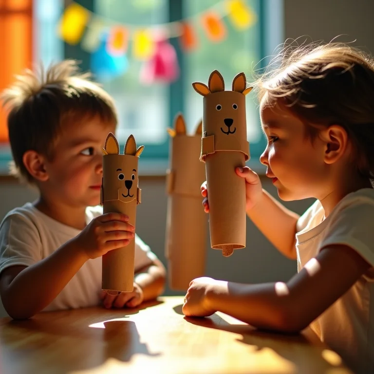 Crianças brincando com fantoches de rolinho de papel