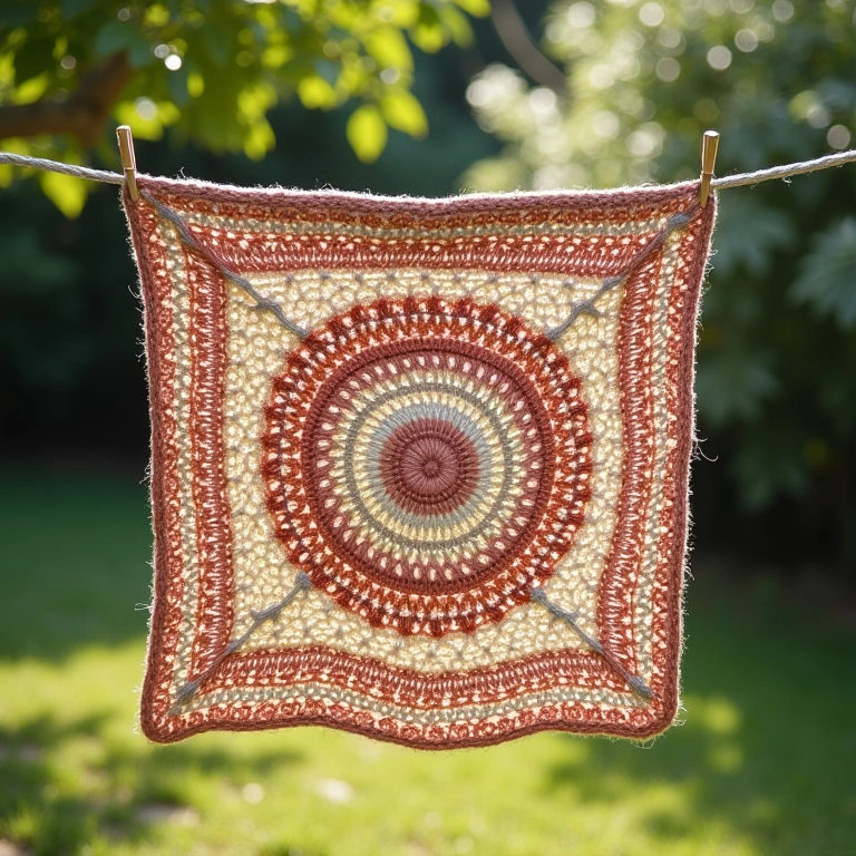 Crochet rug drying on a clothesline in a shaded, breezy area, avoiding direct sunlight. Tapete de crochê secando à sombra em varal arejado.