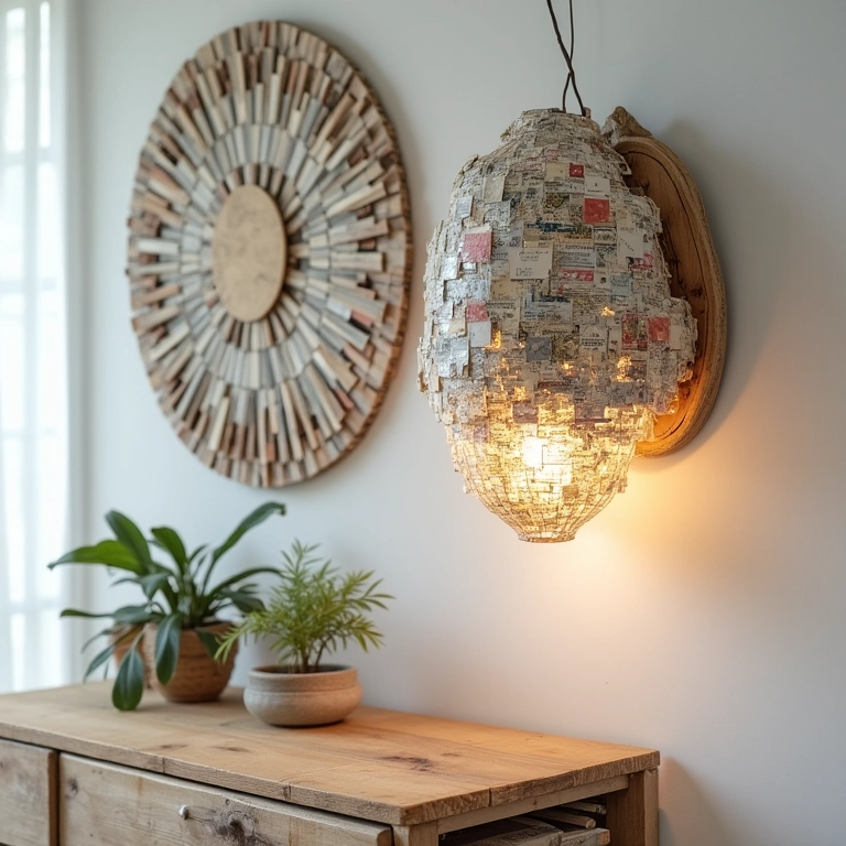 Decoração com arte de revistas recicladas e luminária de madeira reaproveitada.