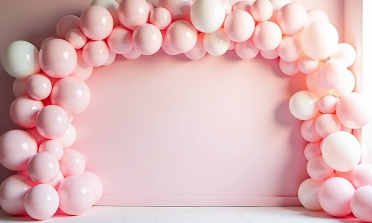 Decoração de chá de bebê com balões rosa e branco.