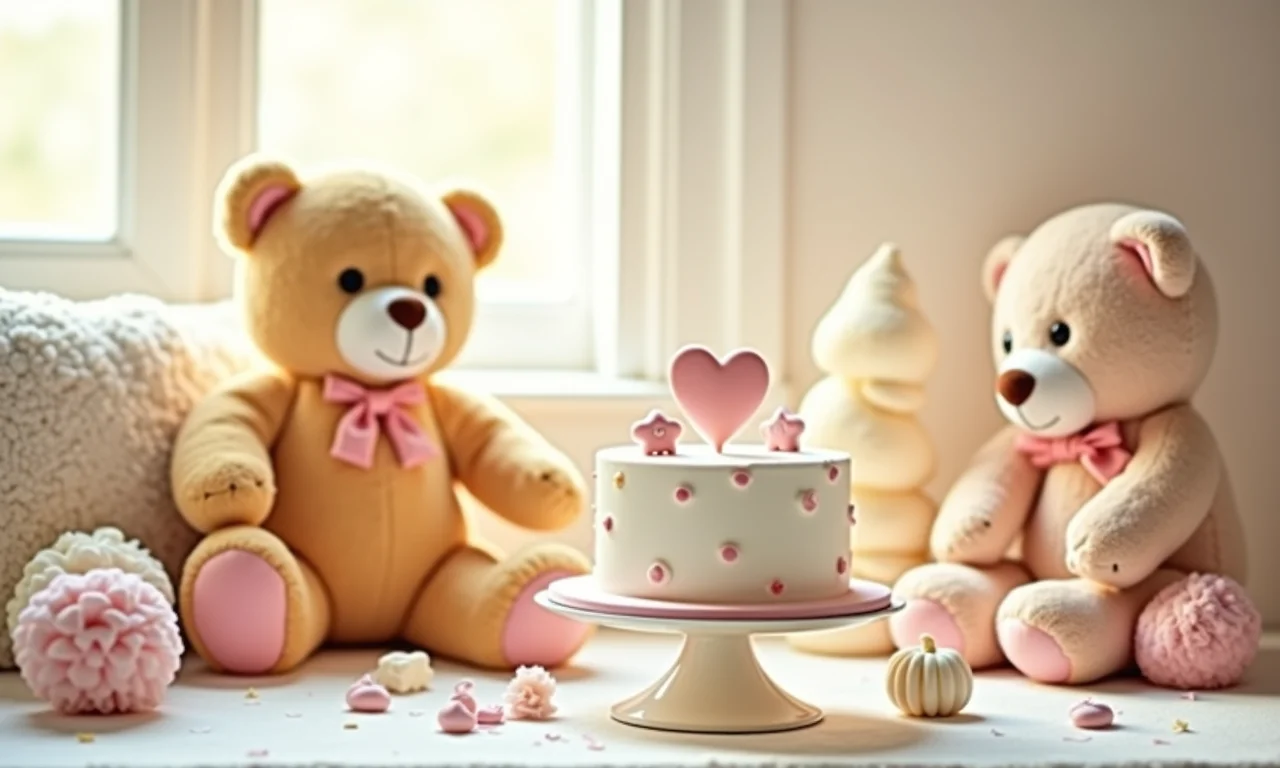 Decoração de chá de fraldas com tema de ursinhos em tons suaves.