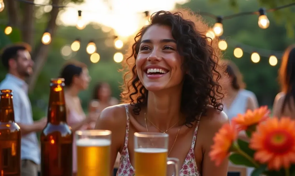 Decoração de festa ao ar livre com garrafas de cerveja reutilizadas, flores e luzes.