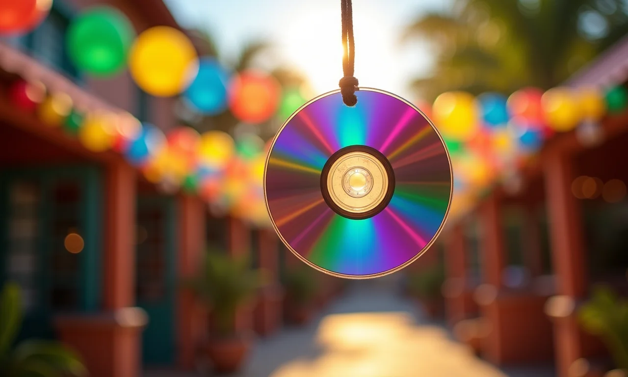 Decoração de festa com móbiles de CDs reciclados.