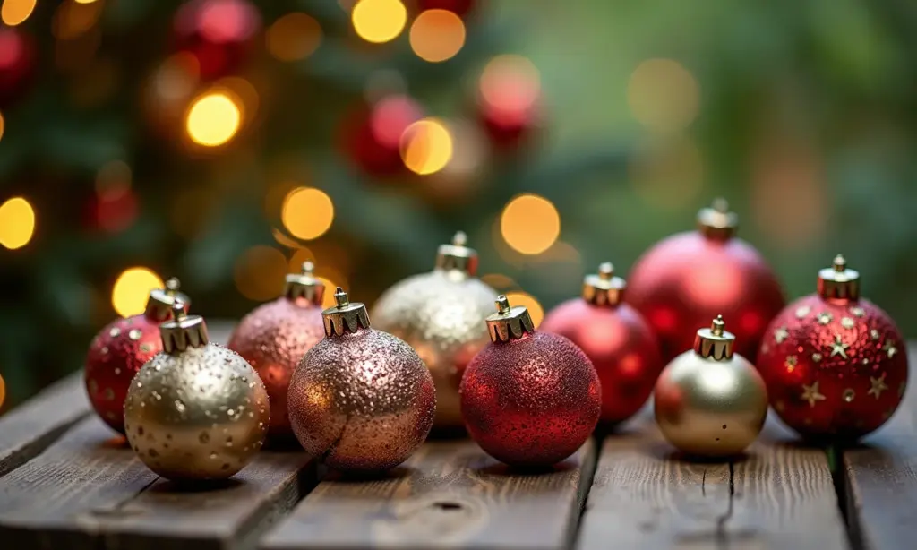 Decoração Natal artesanato: enfeites para fazer Decoração de Natal artesanal com enfeites coloridos sobre mesa de madeira rústica.