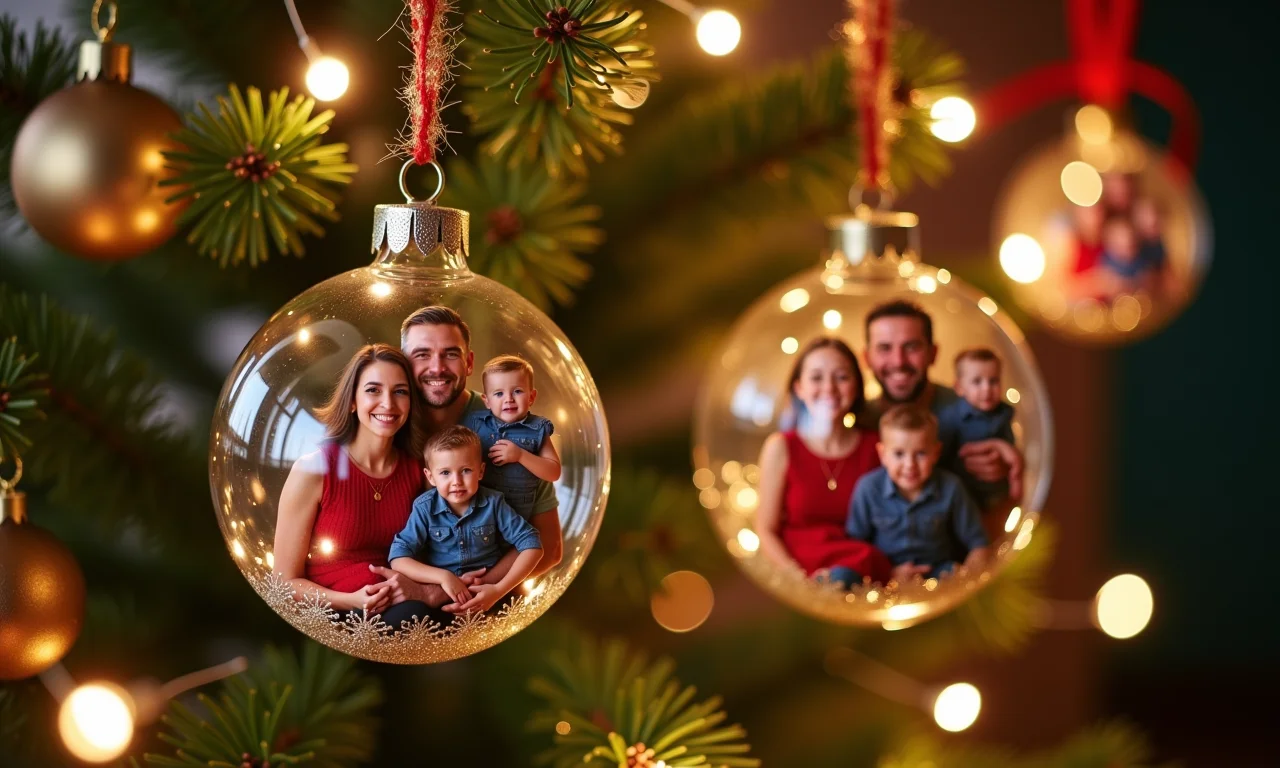 Decoração de Natal com fotos de família e enfeites personalizados.