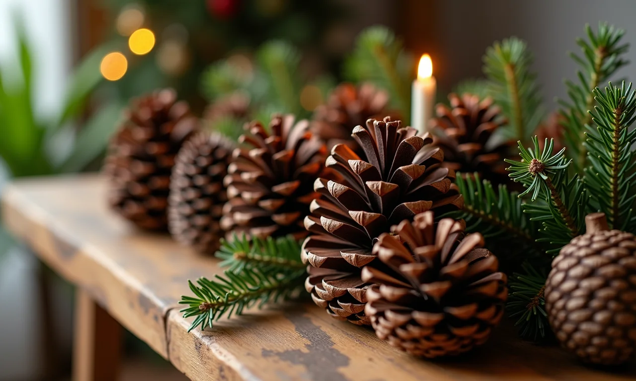 Decoração de Natal com pinhas e elementos naturais em uma mesa rústica.
