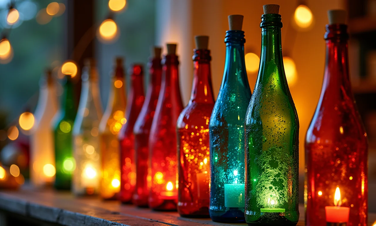 Decoração de Natal criativa com garrafas de vidro recicladas e pintadas.