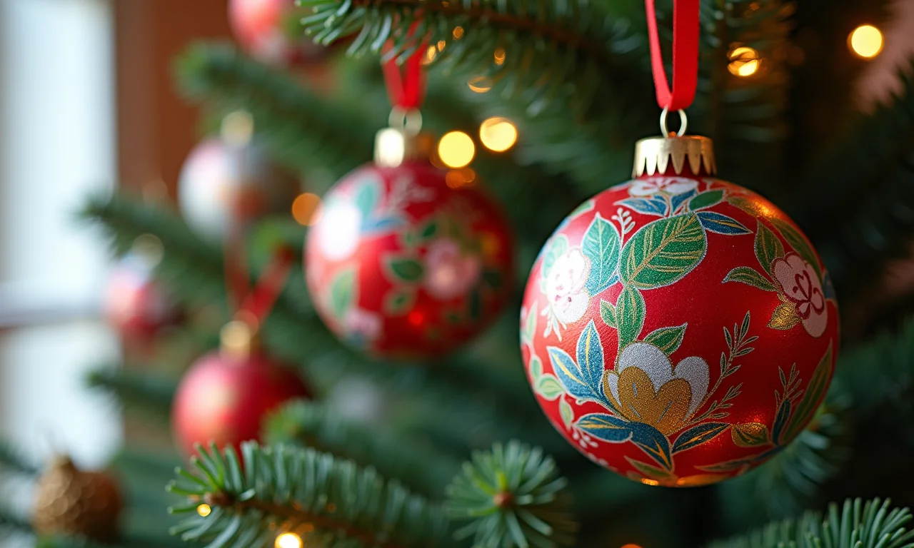 Decoração de Natal feita com revistas recicladas e padrões coloridos.