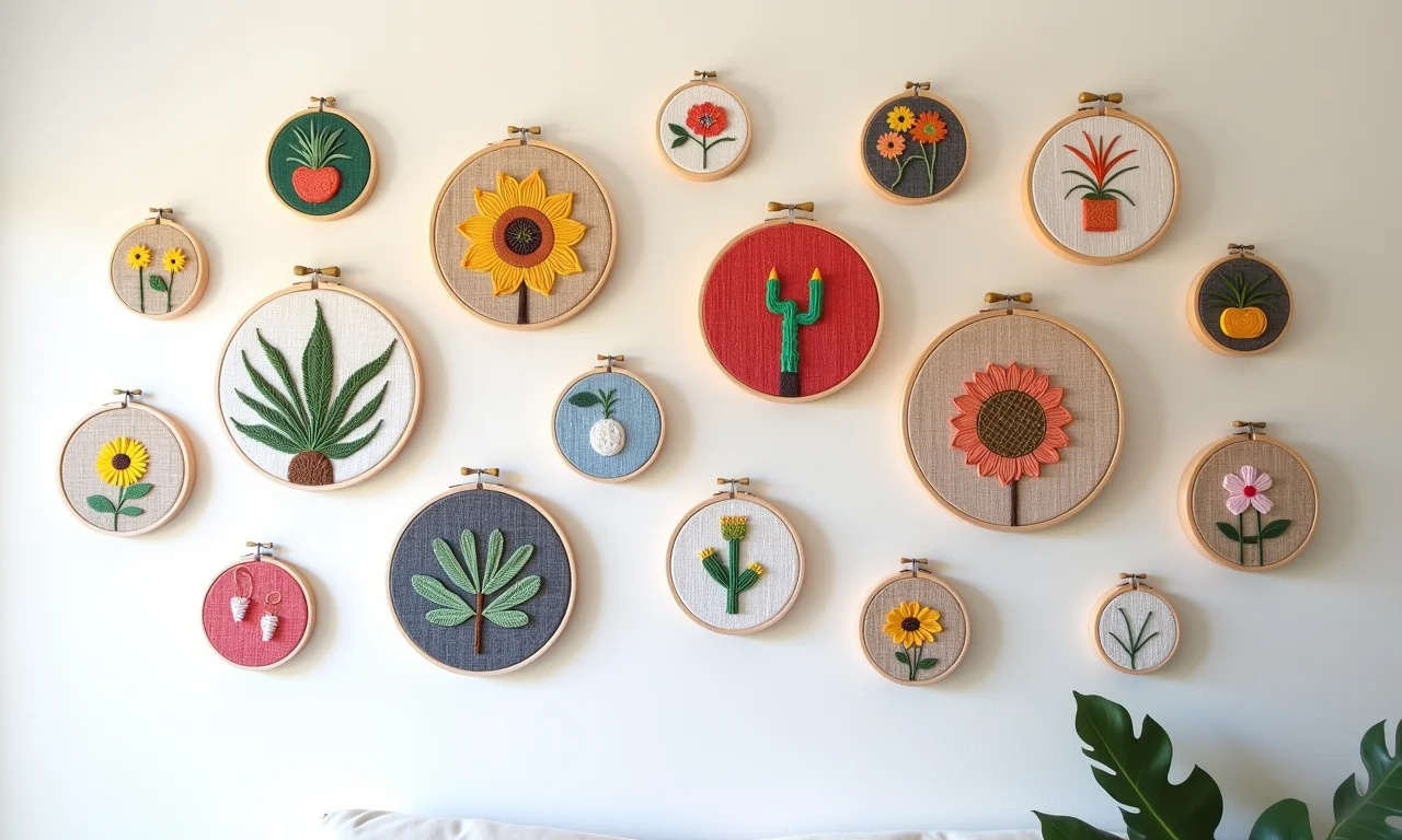 Decoração de parede criativa com bastidores bordados.