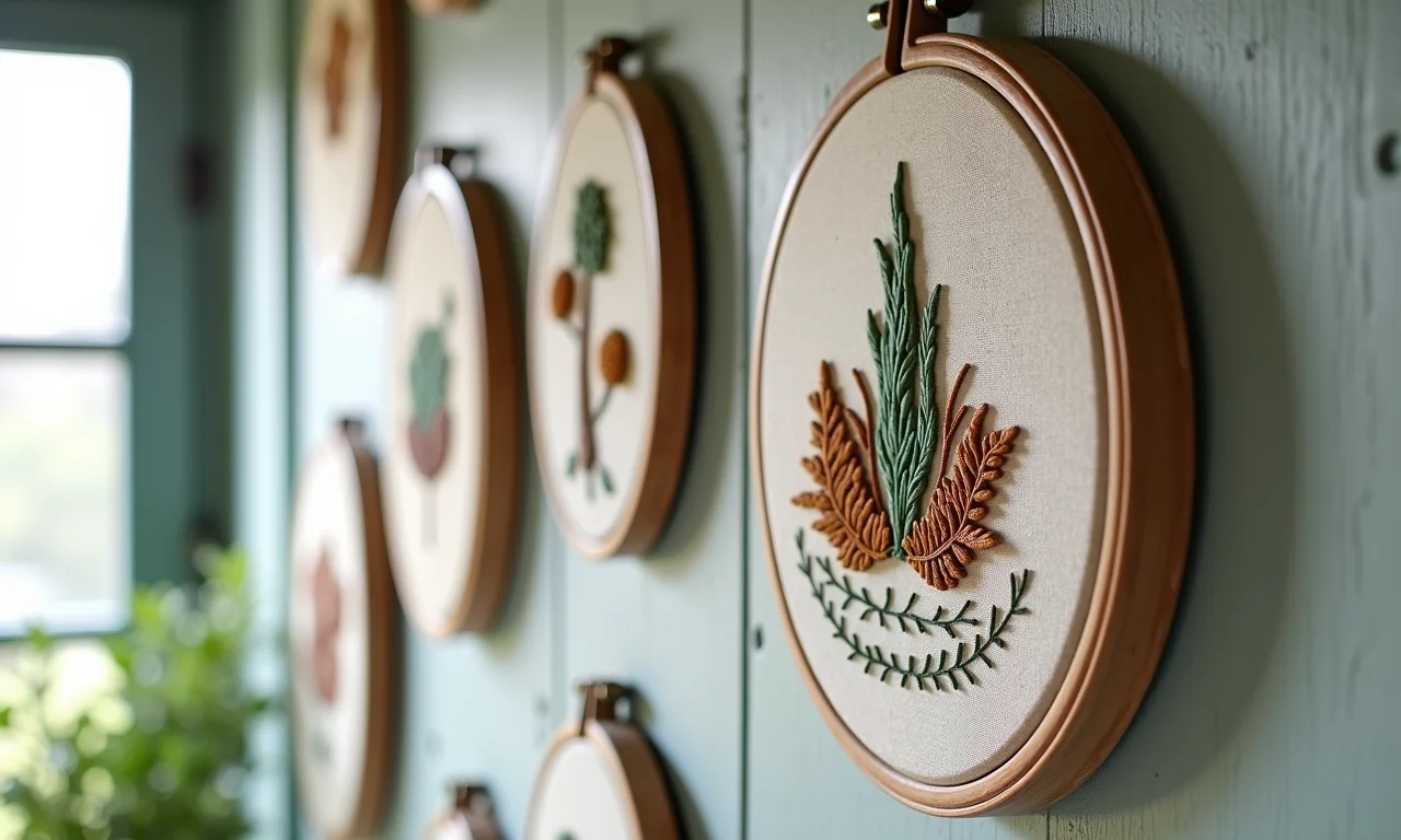 Decoração de parede rústica com bastidores bordados.