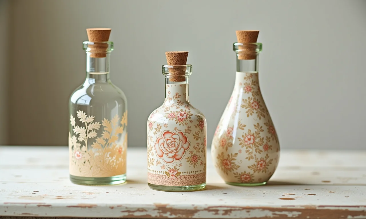 Decoração delicada com garrafas de vidro decoradas com decoupage, exibindo padrões intrincados.