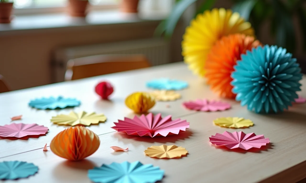 Decoração DIY com papel, enfeites criativos e coloridos na mesa.