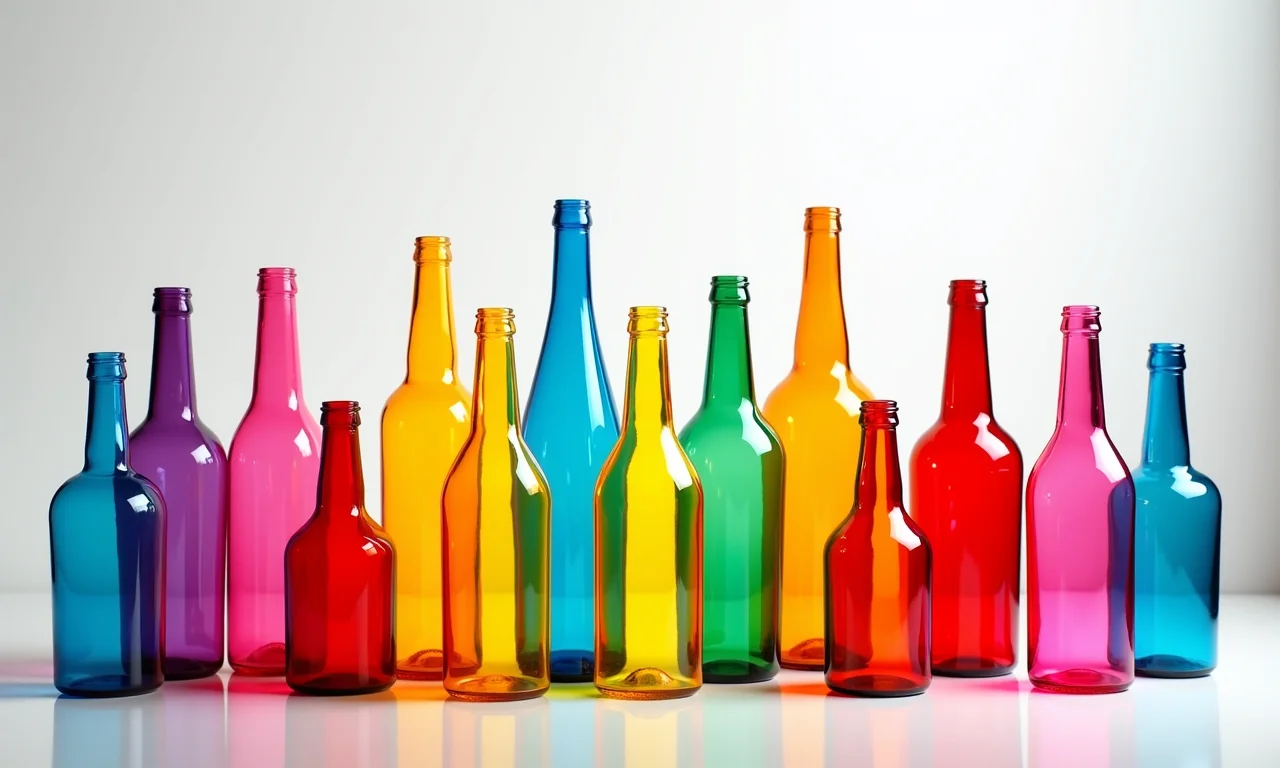 Decoração moderna e vibrante com garrafas de vidro pintadas com tinta spray colorida.