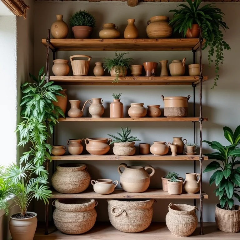Decoração rústica com cerâmica artesanal e cestos de palha