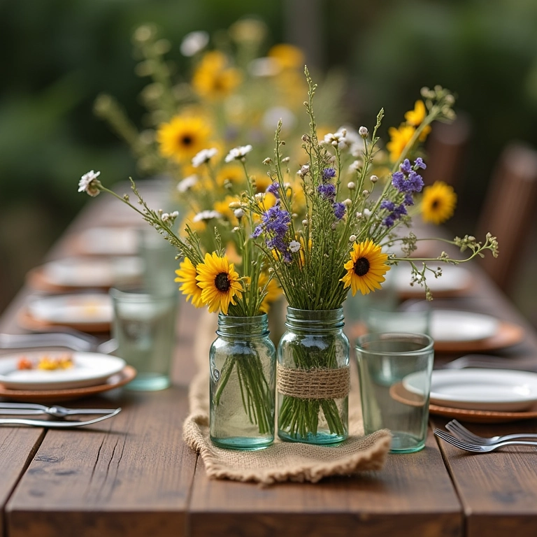 Decoração rústica de mesa para casamento com flores do campo.