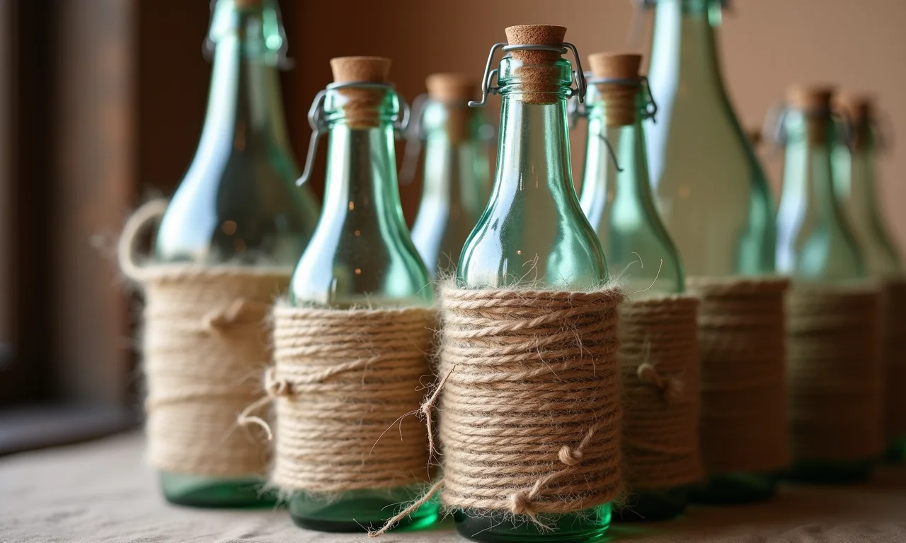 Decoração rústica e charmosa com garrafas de vidro envoltas em barbante.