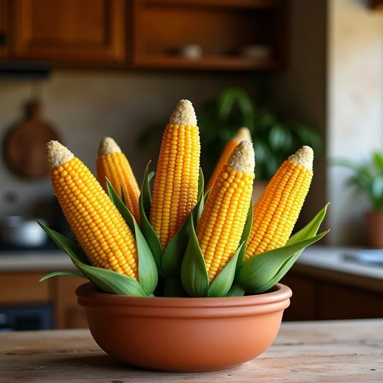 Decorações de espiga de milho em vaso de barro na cozinha.