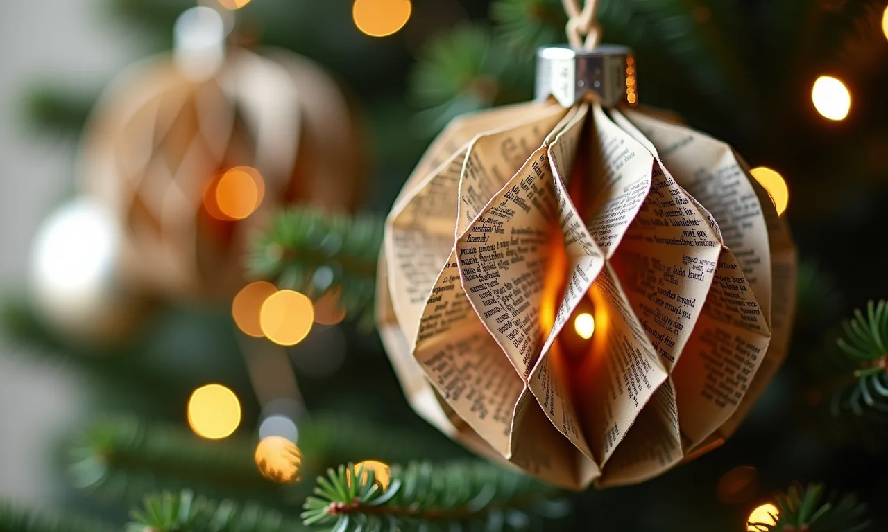 Decorações de Natal feitas com jornal ou revistas recicladas.