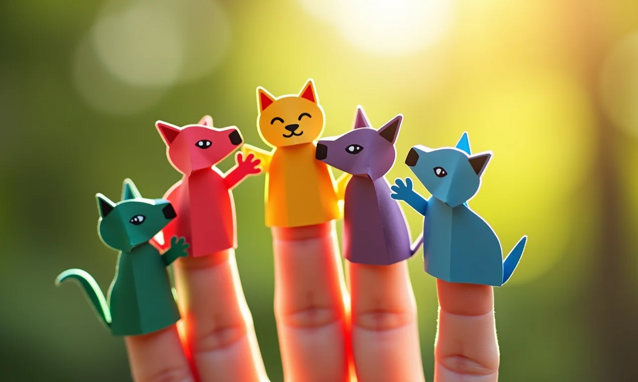Dedos usando dedoches de papel coloridos contando uma história.