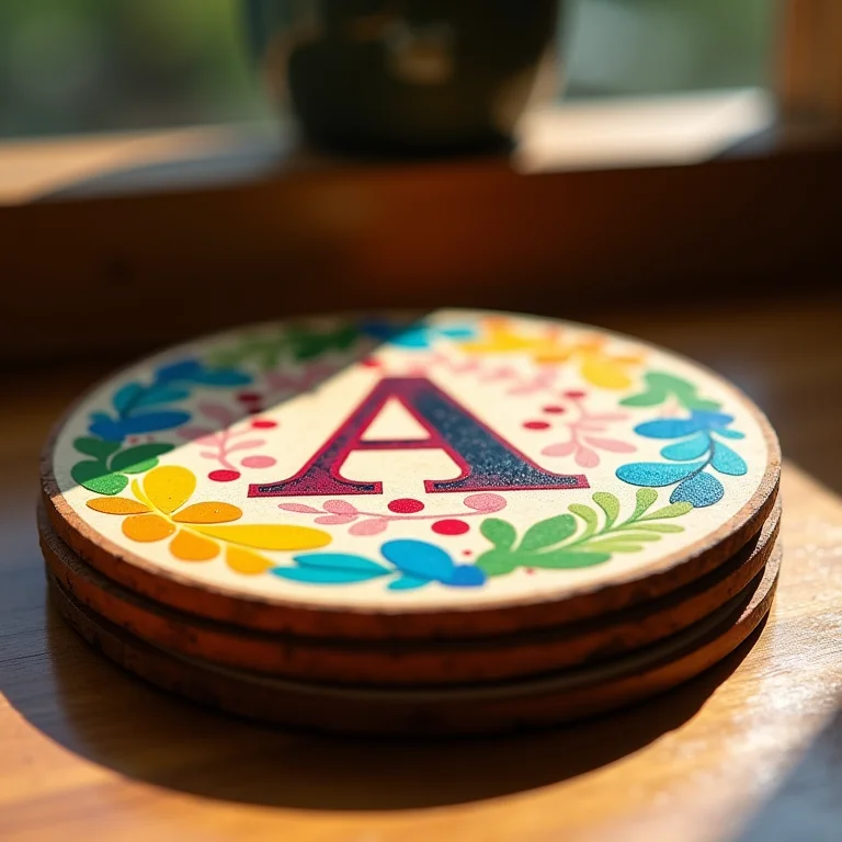 Descanso de copo de madeira pintado à mão com iniciais