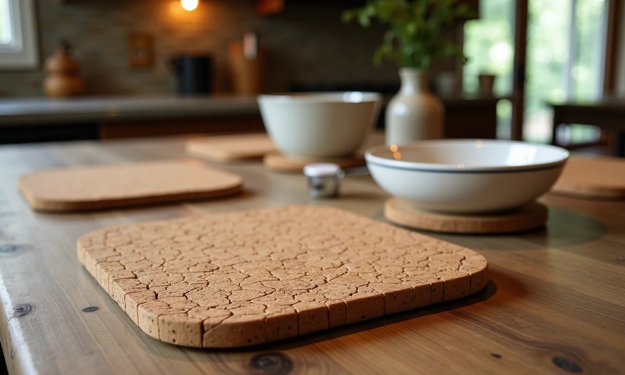 Descansos de copo e jogos americanos feitos de rolhas de cortiça.