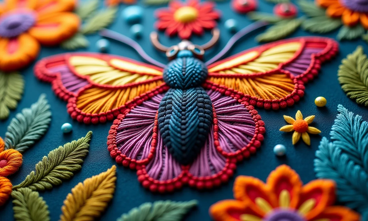 Design de bordado combinando ponto mosca com outros pontos.