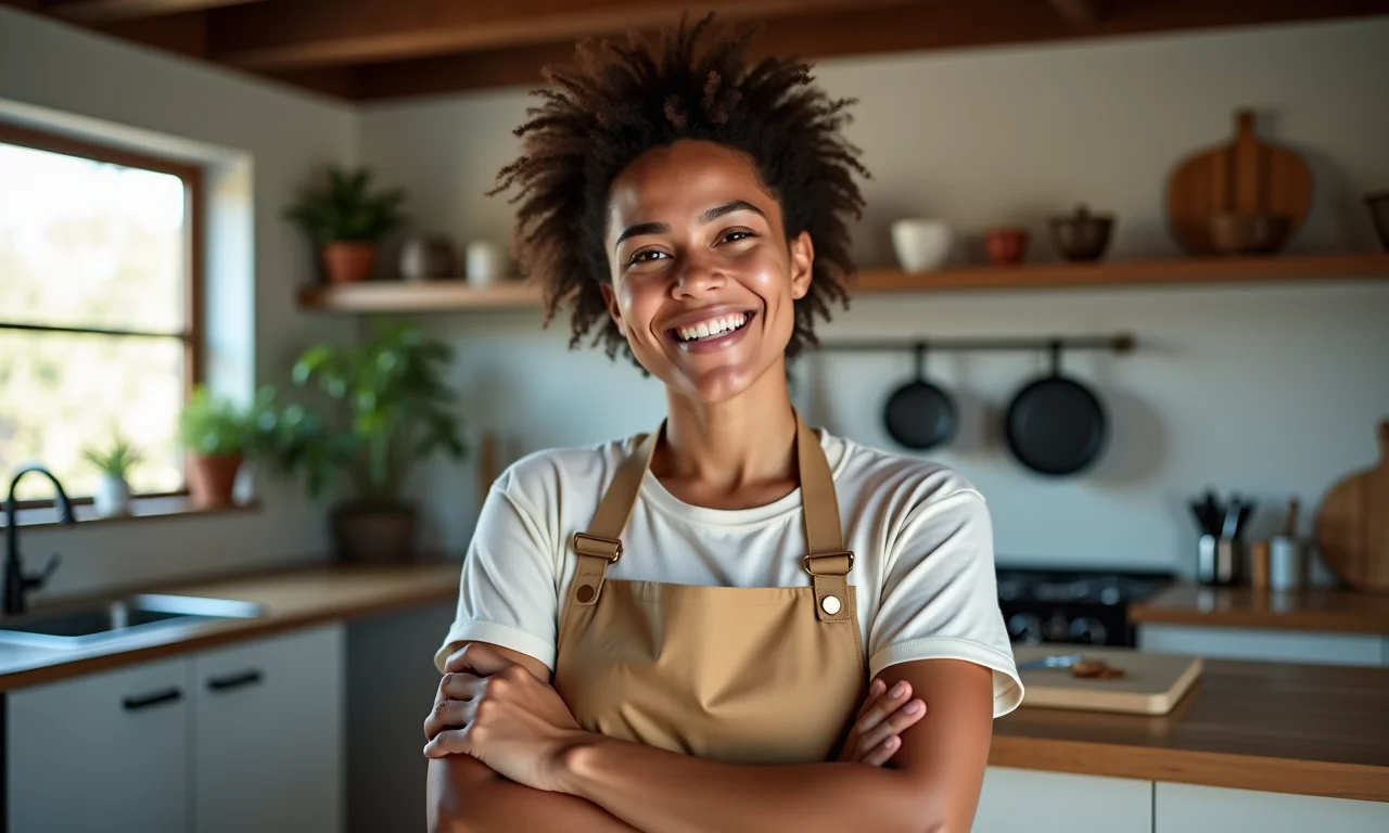 Designer brasileira mostrando projeto criativo de cozinha com caixotes.