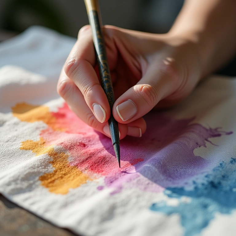 Detalhe da aplicação de tinta para tecido em pano de prato.