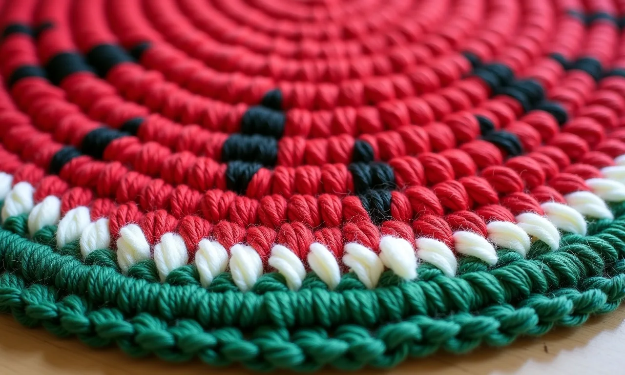 Detalhe da casca verde do tapete de crochê melancia.