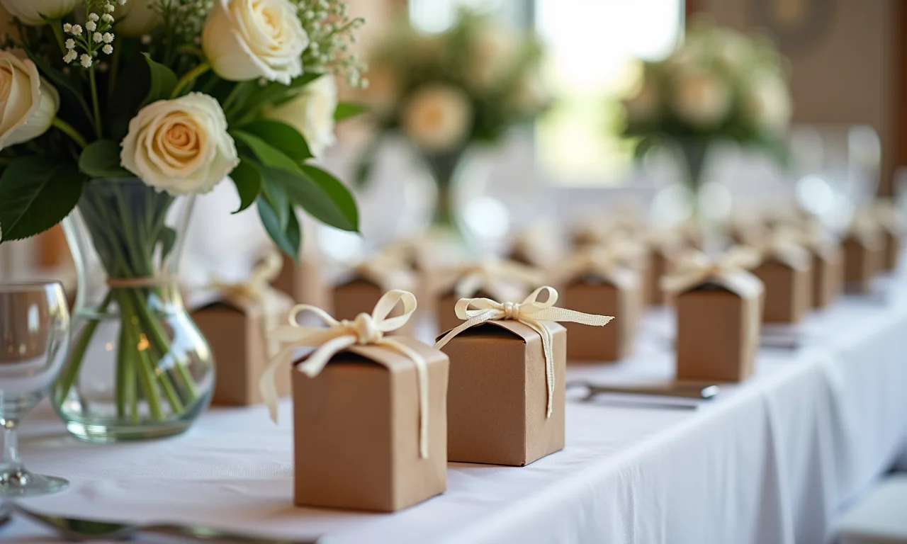 Detalhe das lembrancinhas de casamento na mesa, mostrando o cuidado e investimento nos detalhes.
