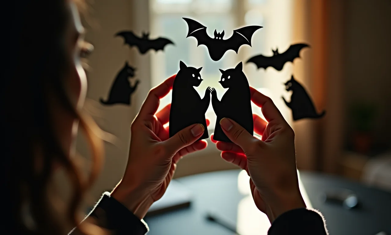 Detalhe das mãos criando marionetes de sombra detalhadas.