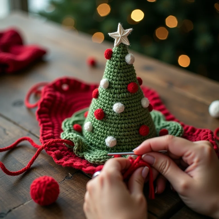 Detalhe das mãos crochetanado a base de uma árvore de Natal.