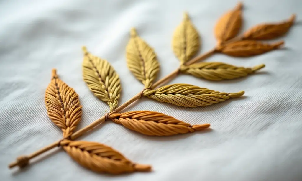 O ponto versátil que pode ser folha ou um detalhe delicado Detalhe de bordado com ponto mosca criando folhas delicadas em tecido de linho.