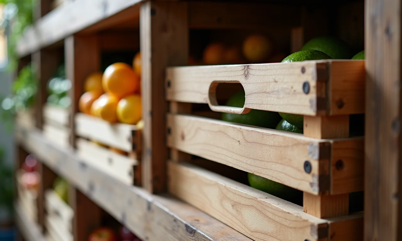 Detalhe de caixotes de feira reaproveitados como prateleiras, exibindo texturas e acabamentos diversos.